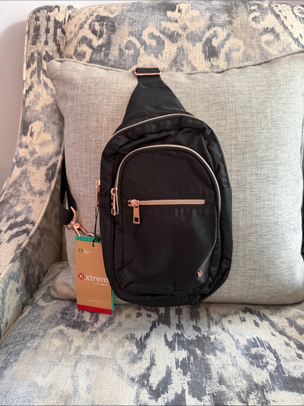 Black Xtrem By Samsonite Crossbody Sling Bag with Rose Gold Accents